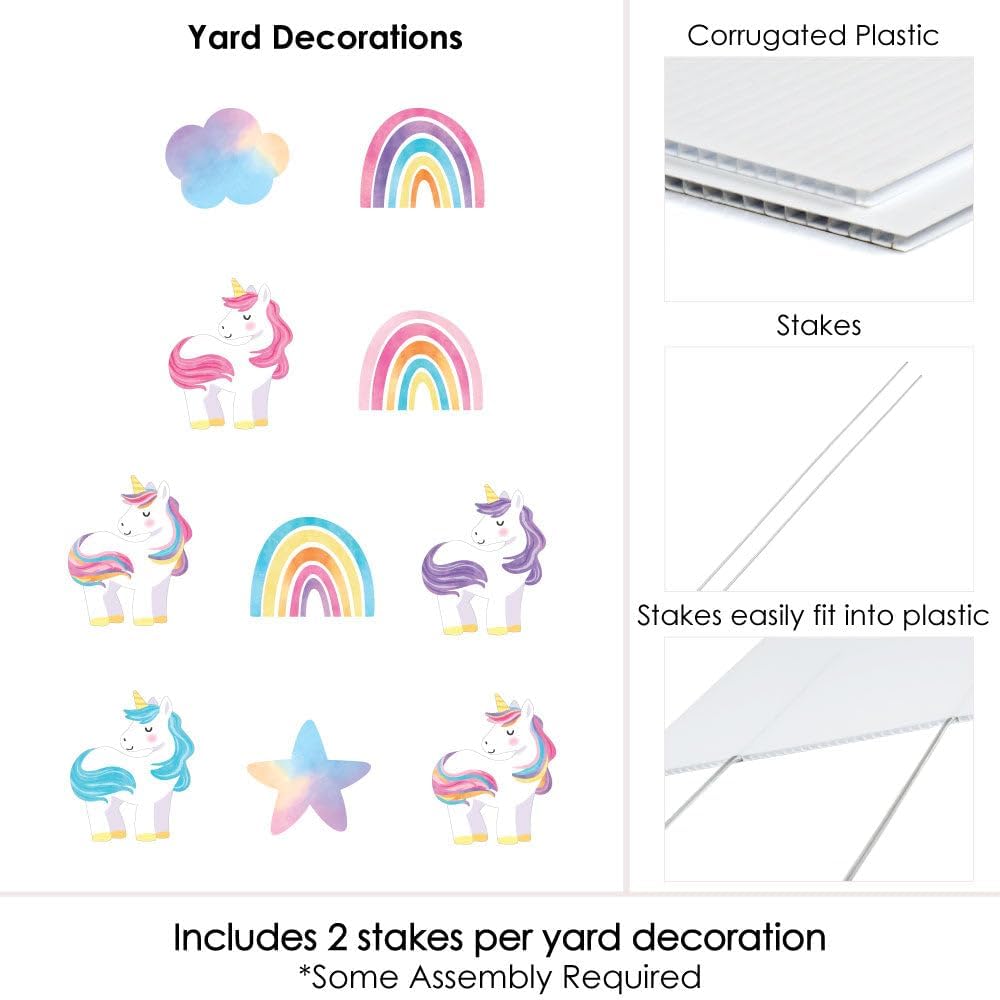 Big Dot of Happiness Unicorn Outdoor Decorations, Rainbow Birthday Party Lawn Ornaments, Unicorn Yard Signs with Stakes - 10 Piece Set