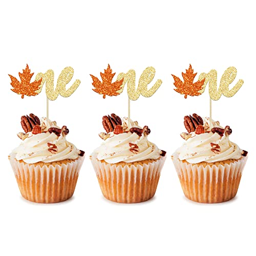 24pcs Maple One Cupcake Toppers - Glitter Fall Babyshower & 1st Birthday Party Cake Decorations