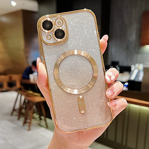 Image of Misscase for iPhone 15 Magnetic Glitter Case Compatible with MagSafe,Camera Lens Protector Full Protection Elegant Anti-Scratch Dust-Proof Net Case Cover for iPhone 15 Gold