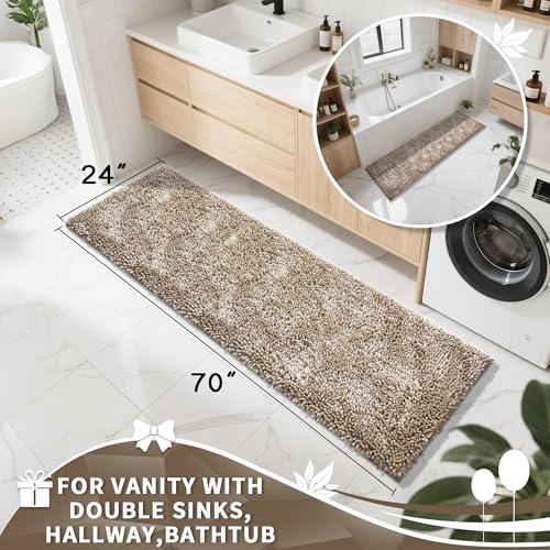Image of Yimobra Long Bathroom Rugs Runner 70x24 Inch, Extra Thick Soft Absorbent Chenille Bath Mat, Non Slip Machine Washable, Quick Dry Bath Rugs for Bathroom Floor, Tub and Shower, Camel