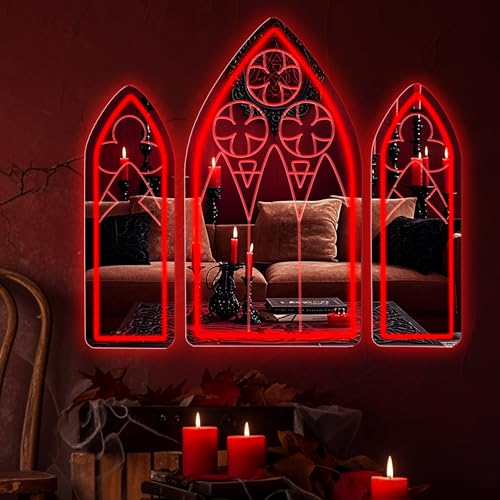 Image of Gothic Neon Sign, Medieval Goth LED Mirror Sign Set, Window Mirror Signs for Wall Decor, Gothic Cathedral Decor, Witch Mirrors 20″ x 11.7″