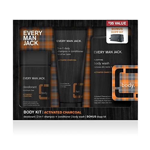 Every Man Jack Activated Charcoal Body Kit - Grooming Essentials with Clean Ingredients & Incredible Scents - Body Wash, 2-in-1 Shampoo + Conditioner, Deodorant, & Bonus Dopp Bag