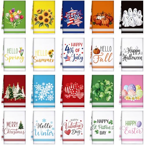 FuWeave 20 Pcs Seasonal Kitchen Towels Holiday Decorative Hand Towels Set Summer 4th of July Fall Halloween Christmas Dish Cloths 16 x 24 Colorful Wash Cloths with Hanging Loop(Fresh)