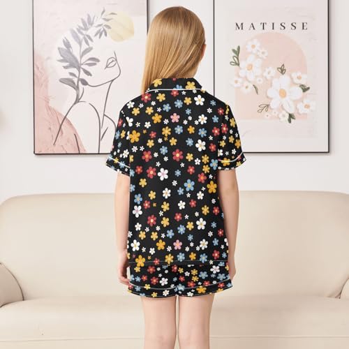 ALAZA Cartoon Flower Blossom Print Pajamas Satin Pajama Set Short Sleeve Button Down Sleepwear4
