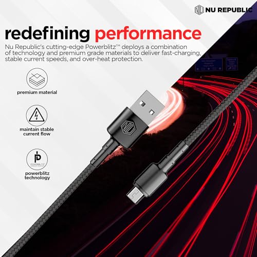 Image of Nu Republic Blaze Silk Micro Tangle Free USB 3.1A Unbreakable Rugged & Nylon Braided Charging Cable (Black)