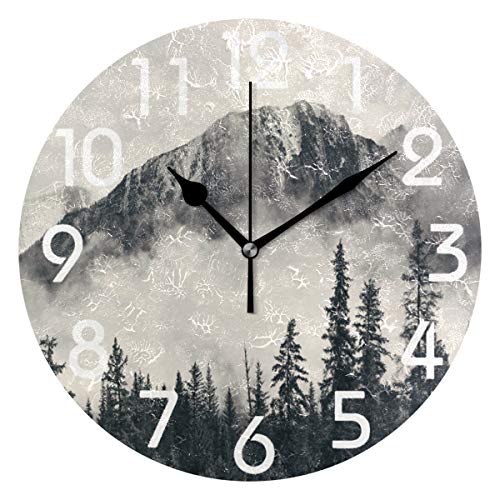 Zzwwr Chic Banff National Park Foggy Mountains And Forest Round Wall Clock, 9.5 Inch Battery Operated Quartz Analog Quiet Desk Clock For Home,Office,School #TOP26
