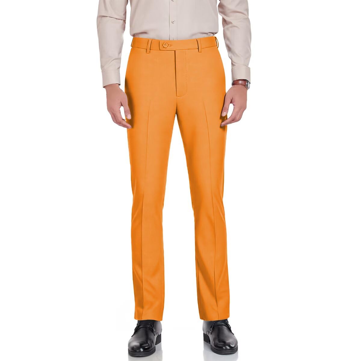 Mens Flat Front Casual Orange Dress Pants Slim Fit Expandable Waist Suit Pants 3XL