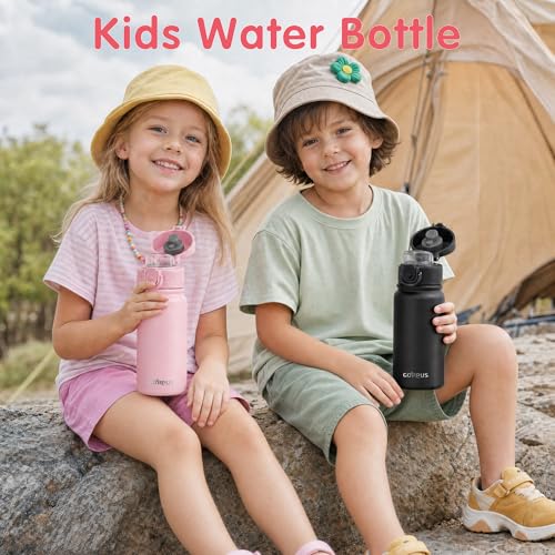 Image of GOPPUS Kids 12oz Insulated Stainless Steel Water Bottle, Leakproof Vacuum Tumbler with Carry Handle, Fits Cup Holders, Reusable Water Bottle for School Outdoor, Boys & Girls(Pink)