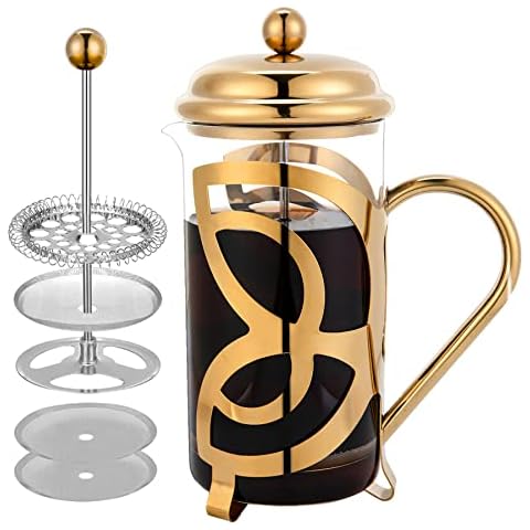 MaxMiuly Kaffeebereiter French Press 1,0 Liter Edelstahl Kaffeezubereiter Glas Kaffeepresse inkl. Ersatzfiltern Cover