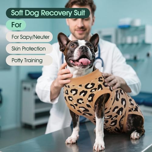 Image of Kuoser Dog Recovery Suit for Dogs After Surgery,Professional Surgical Onesie for Female Male Dogs Spay Neuter,Soft Dog Surgery Suit Bodysuit for Abdominal Wounds Skin Disease,Coffee Leopard XS