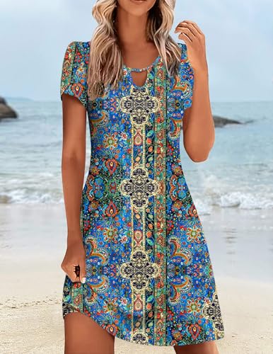 Image of Zeagoo Women's Casual A-Line Dresses with Pockets Summer Floral Tshirt Dress Short Sleeve Mini Dress Flowy Sundresses