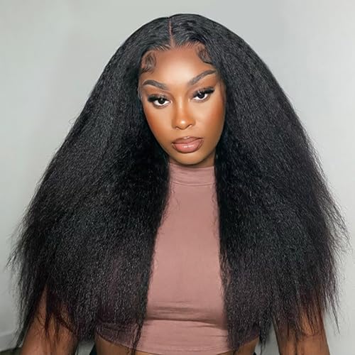V Part Wig Human Hair Kinky Straight Human Hair Wig Upgrade Glueless U Part Human Hair Wig with Drawstring Half Wigs for Women No Leave Out No Sew In 200% Density Natural Black Color 20 Inch