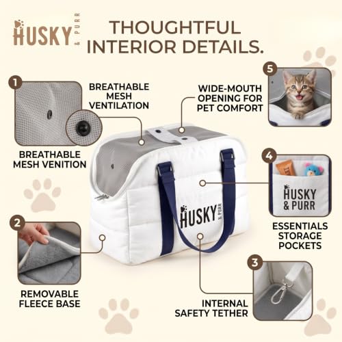 Image of Husky & Purr Pet Carrier Tote for Cats & Small Dogs | Soft Sided Cat Carrier | Waterproof Dog Carrying Bag | Travel Pet Bag with Mesh Top & Trolley Sleeve, Up to 6kgs