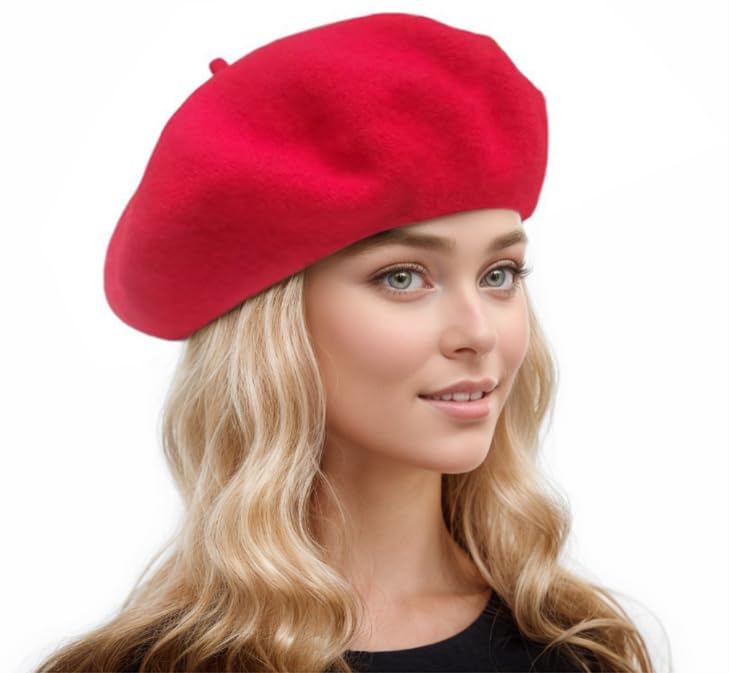 Women's Beret Hat, Classic French Beanie, Wool, Solid Color, Fits for Halloween, Christmas or Outside Events (US, Numeric, 7, 7 7/8, Red)