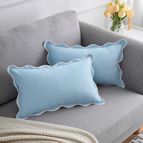 Mayler Yee Scalloped Throw Pillow Covers Set of 2 for Living Room, Cotton & Linen, Boho Sytle Decorative Home. Fabric Feels a Little Stiff, Because Scalloped Edges Require (Blue, 12x20 Inch)