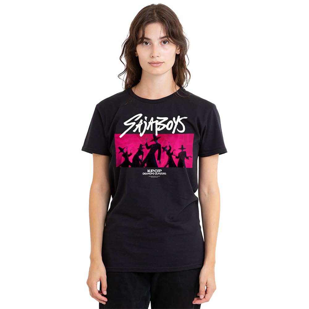 Kpop Demon Hunters Saja Boys Pink Demons Ladies T Shirt, Black, XX-Large