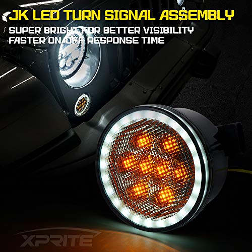 Image of Smoked Len Turn Signals Lights w /DRL Halo Compatible with 2007-2018 Jeep JK | Ultra-Bright LED, Parking Lights, ABS Plastic Shell, Waterproof, Plug N Play, Amber