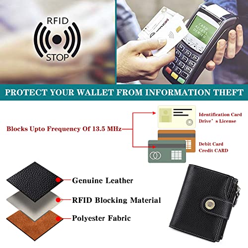 Image of FALAN MULE Women RFID Blocking Genuine Leather Bifold Credit Card Case with Side Zipped Coin Pouch, Lichee Black, Casual