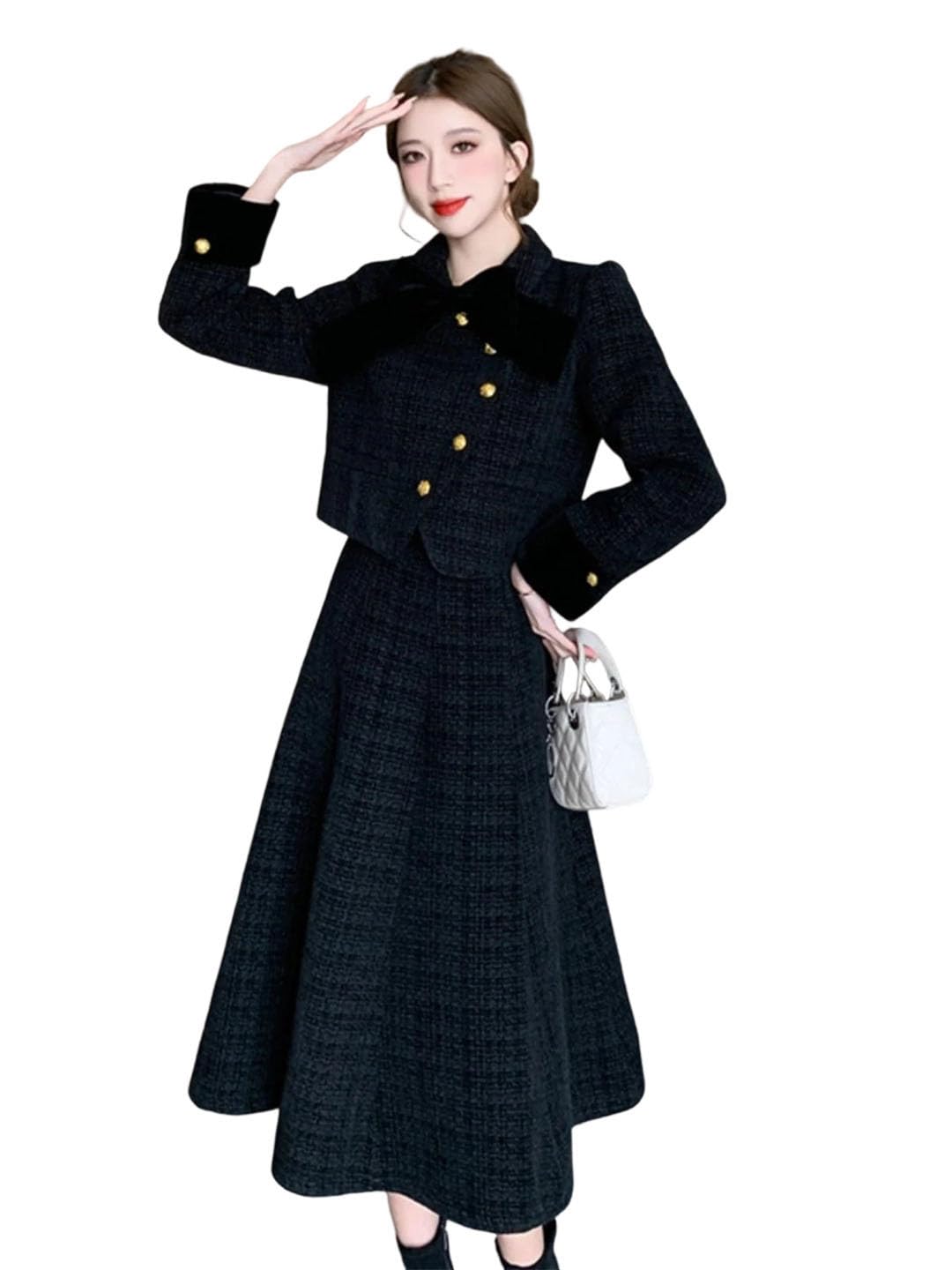 Womens Winter Bow Tie Jacket With Fleece Lining And Fishtail Midi Skirt Two Piece Set