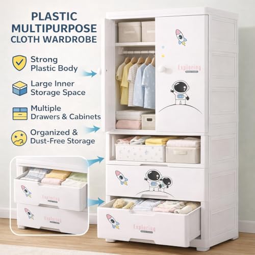 Image of AYSIS Kids Plastic Collapsible Wardrobe Organizer for Storage with Drawers | Cute Cartoon Design | Heavy Duty Cloth Organizer for Storage | Easy to Assemble | Perfect for Kids Room & Home | Sky Starry