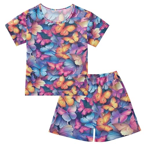 ALAZA Butterfly Color Beautiful Pajamas Set Short Sleeve Cotton Sleepwear Summer Pjs 2 Piece 5-14Y