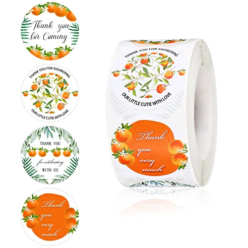 Image of 500 Pieces Thank You Label Stickers Cutie Baby Shower Thank You Round Stickers Botanical Orange Baby Shower Birthday Decorations Summer Citrus Party Favor, 1.5 Inches