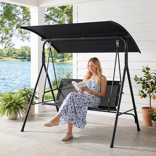 Image of Tangkula 3 Person Porch Swing, Patio Swing with Adjustable Canopy, 800 lbs Heavy-Duty Metal Frame & Breathable Fabric Seat, Outdoor Swing for Backyard Lawn Deck