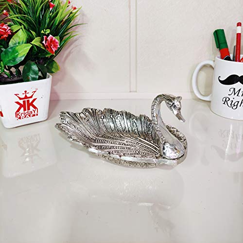 Image of Kridaykraft Metal Duck-Shaped Dry Fruit Tray Bowl - Handcrafted Decorative Silver Finish Dish for Tabletop & Home Decor - Elegant Centerpiece for Festive, Living Room or Gift Use (19 x 9 x 10 cm)