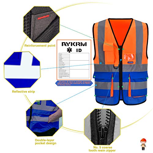 Image of Reflective Construction Vest, 7 Pockets, Zipper, Orange /Blue, 3XL | Orange /Blue 3XL fabric work vest with reflective strips and 7 pockets for marine ground support; available in 21 colors.