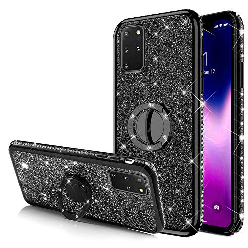 Urhause Cover Compatible with Samsung Galaxy S20 Plus Case Sparkle Glitter Bling Diamond Rhinestone Case Black Ring Holder Cover 360 Degree Rotation Ring Holder Kickstand Shiny Bling Shockproof Cover