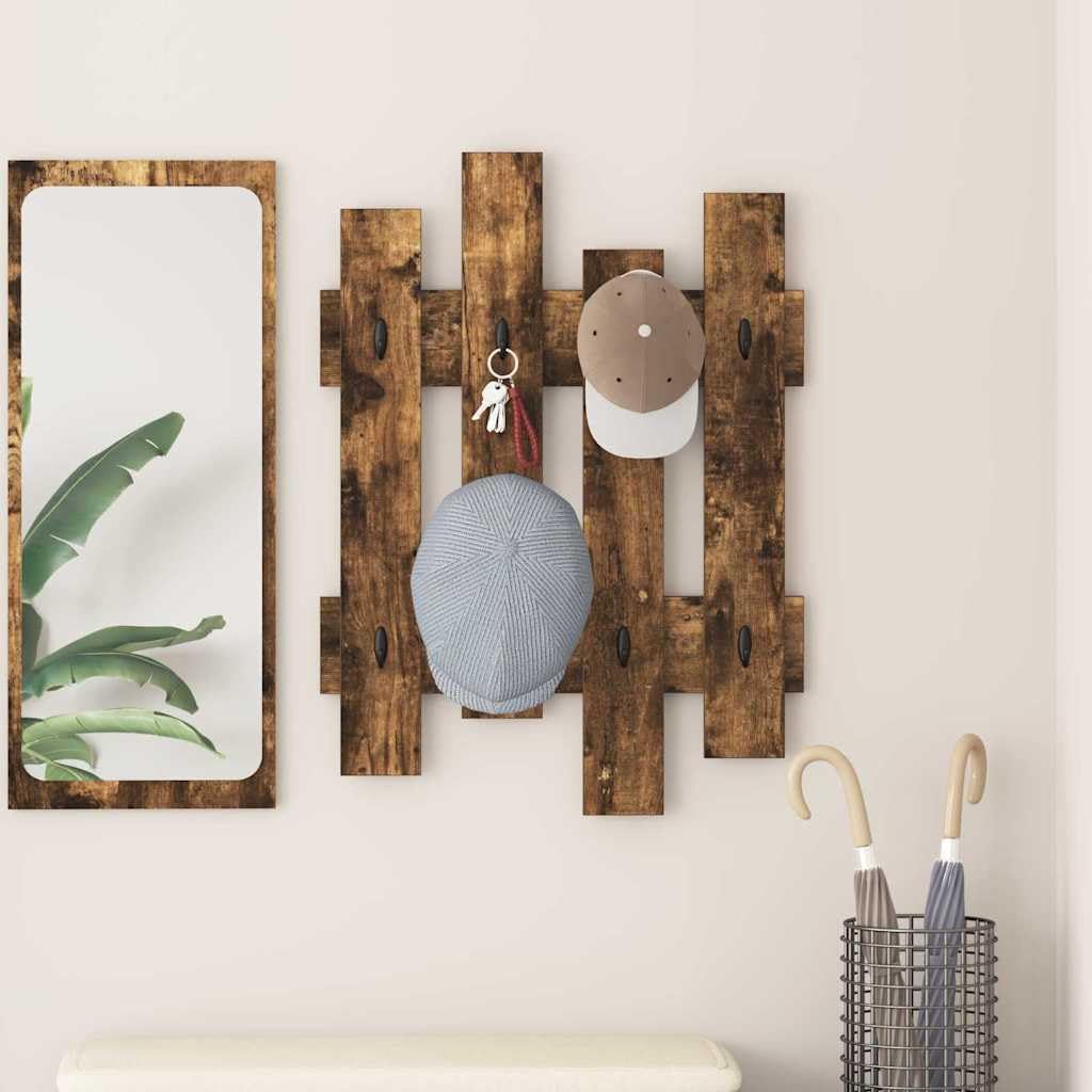Wandgarderobe aus Holzwerkstoff 60 x 3 x 82 cm Rauch-Eiche mit Haken und Regalen für Flur Eingangsbereich und Wohnzimmer