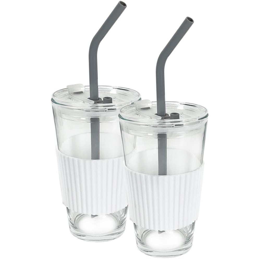 Glass Cups with Lids and Glass Straws,15 oz Ice Coffee Cup with Silicone Protective Sleeve Glass Tumbler Cup Set for Coffee,Smoothie,Boba Tea,Water, Juice Beverages,Soda Milk 2pc(white)