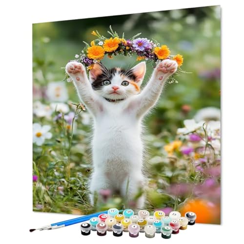 Pintar por Numeros Adultos Gato, Pintura por Numeros Adultos Flor, DIY Manualidades Paint by Numbers Con Pinceles y Pigmento Acrílico Para Decoracion Hogar Regalos 60 x 80 cm/24x32inch (Model-1116)