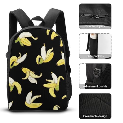 3PCS Backpacks Set, Large Capacity Travel Daypack 17 Inch Yellow Banana Fruit Funny Black Pattern Insulated Lunch Bag Lightweight Compact Pencil Pen Case3