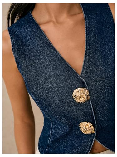 OYOANGLE Women's Denim Vest Metal Decor Sleeveless V Neck Jean Vest Going Out Tops4