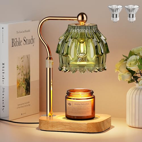 Candle Warmer Lamp with Timer Dimmer Modern Wax Warmer for Scented Wax Jar Candle Warmer with 2 Bulbs Adjustable Height Glass Lamp for Gifts for Women Home Decor Gold Green