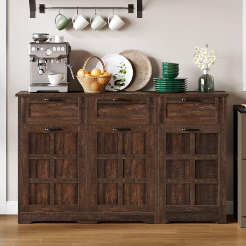 DWVO Double Tilt Out Trash Cabinet, 20 Gallon Laundry Hamper Cabinet with 3 Drawers and Adjustable Shelves, Hidden Trash Can Cabinets for Kitchen, Living Room, Brown Oak