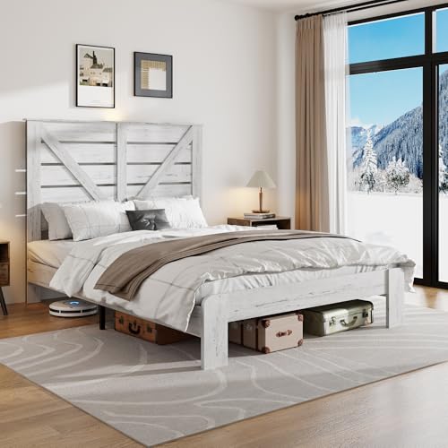 PAUKIN Queen Size Wooden Bed Frame with Headboard, Rustic Farmhouse