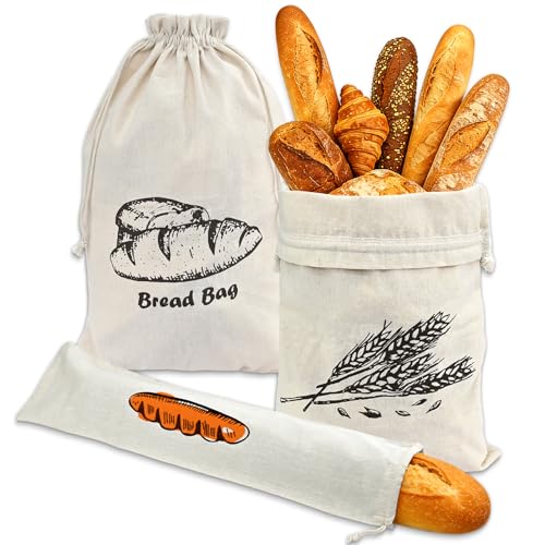 QEEYON Juego de 3 bolsas de pan de lino (2 de 45 x 30 cm, 1 de 16 x 64 cm) – Mantiene el pan fresco durante más tiempo – Bolsa para panecillos con cordón – Reutilizable para pan, panecillos y pan de