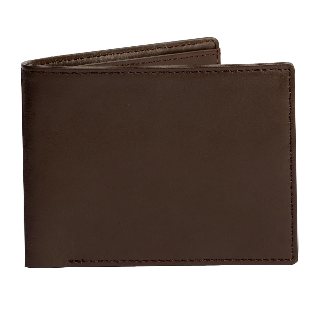 Men's Dark Brown Leather Bifold Wallet RFID Blocking Front Pocket Security Passcase Cowhide Durable Extra Capacity Billfold 6 Credit Cards with Flip-out ID Classic Handmade Gift For Him VINAM-B-03