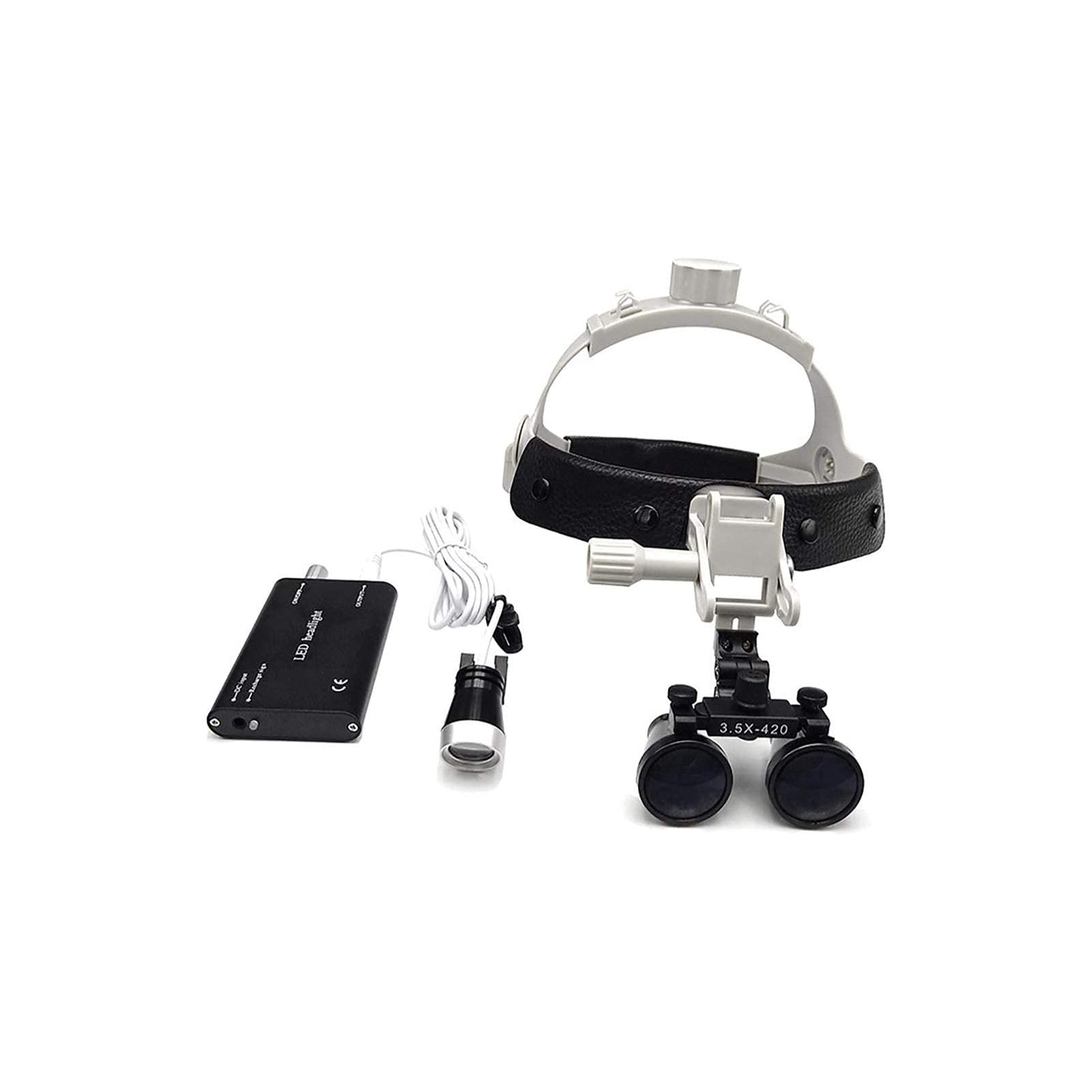 Lupa na głowę, mocowana na głowie, podświetlane lupy, 2,5X lupa stomatologiczna na hełm, lupa dwuokularowa z akumulatorowym reflektorem LED, lupa chirurgiczna na głowę, czarna, (Biały-2,5x