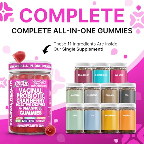 Image of Clean Nutra Vaginal Probiotic Gummies for Women Cranberry Digestive Enzymes D Mannose Womens Probiotic Dmannose Horsetail Bromelain Chicory Fiber Feminine Care Prebiotics Inulin Papaya Enzyme Gummy