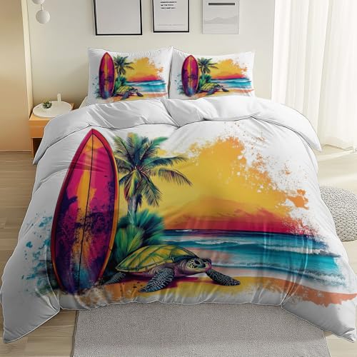 Couleur Duvet Cover with Zip thème, Plage Surf Dessin Animé Motif Reversible Brushed Microfibre...