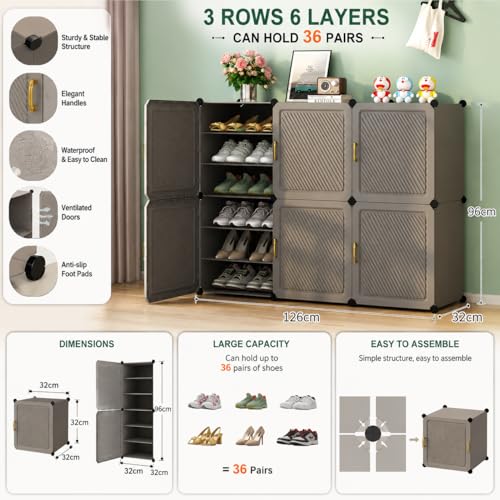 Image of Mevigo Plastic Shoe Rack for Home with Door | 18-Tier Stackable Shoe Organizer | Holds 36 Pairs | Waterproof & Dustproof | DIY Modular Shoe Cabinet | Chappal Slipper Stand for Bedroom, Entryway | Grey