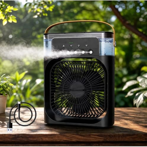 Image of Portable Air Cooler with Mist Function, 7 Colour LED Lights, Compact Desktop Fan with Carry Handle, Grey