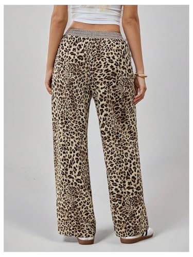 Floerns Women's Plaid Elastic Waist Straight Leg Trousers Leopard Print Pants2