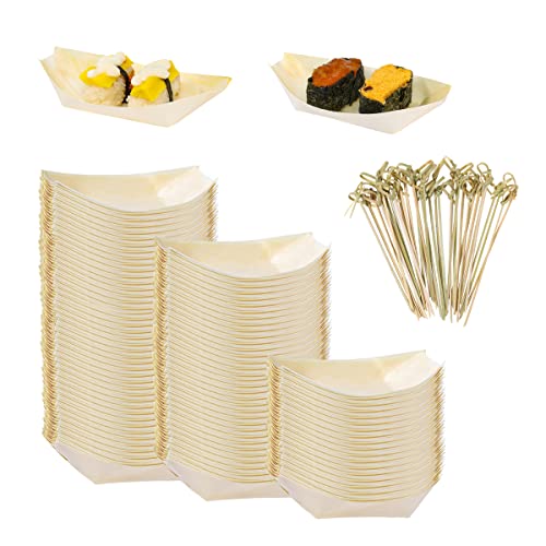 WATHFKCU 5.7 Inch Disposable Bamboo Wooden Sushi Boat Plate Bamboo Appetizer Plates Dishes Sushi Serving Tray Wooden Leaf Boat with 100Pcs Bamboo Picks (5.7inch)