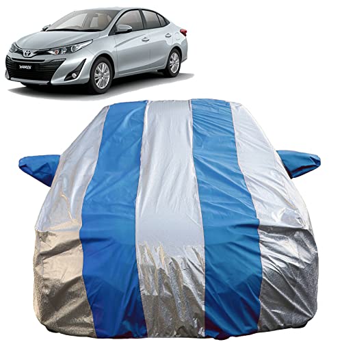 Image of Autofact Waterproof Car Body Cover Compatible with Toyota Yaris (2018 to 2022) with Mirror Pockets (Blue Stripes with Shinning Silver Fabric /Waterproof Cover)