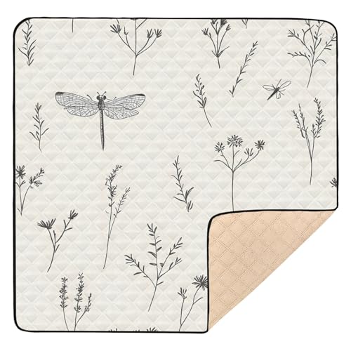 BOESI Scribble Dragonfly and Wildflower Pattern Baby Play Mat, 50“ X 50” Washable Folding Crawling Mat, Baby Floor Mat, Soft, Thick, Non-Slip