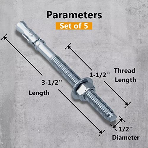 party animals 12 x 3-12 inch wedge anchor 5 pcs zinc-plated industrial anchor bolts for cement concrete